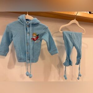 Vintage Confetti Knits Baby Sweater Set 6–12M | Blue Knit Snowman Hooded Outfit